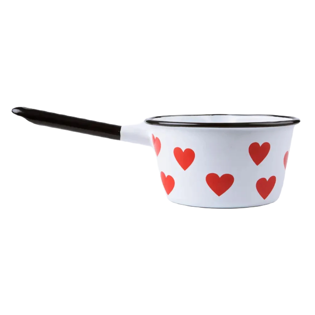 The Emalco Enamelware Enamel Heart Saucepan, featuring a white body with a black handle, is crafted from durable enamel material and adorned with charming red heart patterns. Pictured on a white background, it’s the perfect addition to your Emalco Enamelware collection.