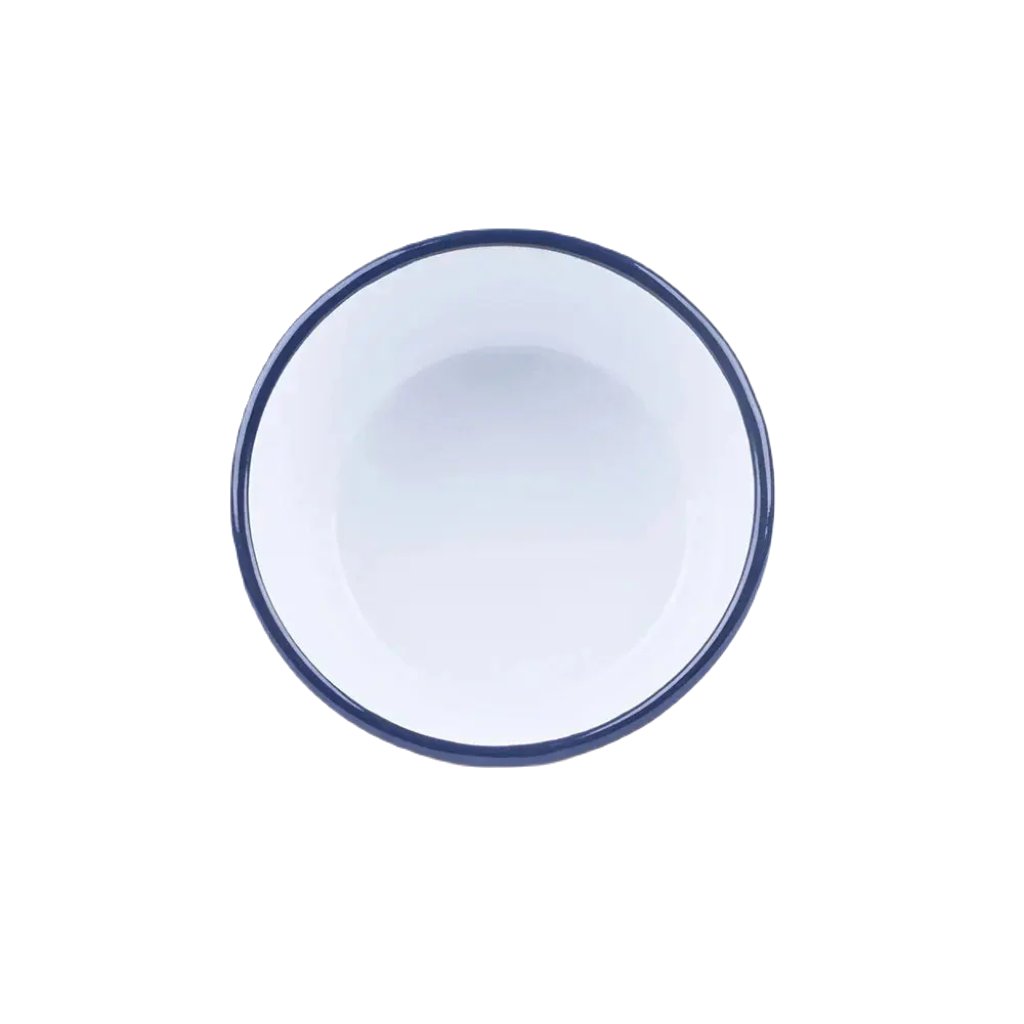 The Emalco Enamelware 25.2oz Enamel Wisdom Bowl is a yellow enamel bowl with a blue rim, adorned with mountain designs and the inspirational texts "Always Seek Knowledge," "From Nature," and "Wisdom Inspired Adventure." This Wisdom Bowl is not only motivational but also crafted from durable material.