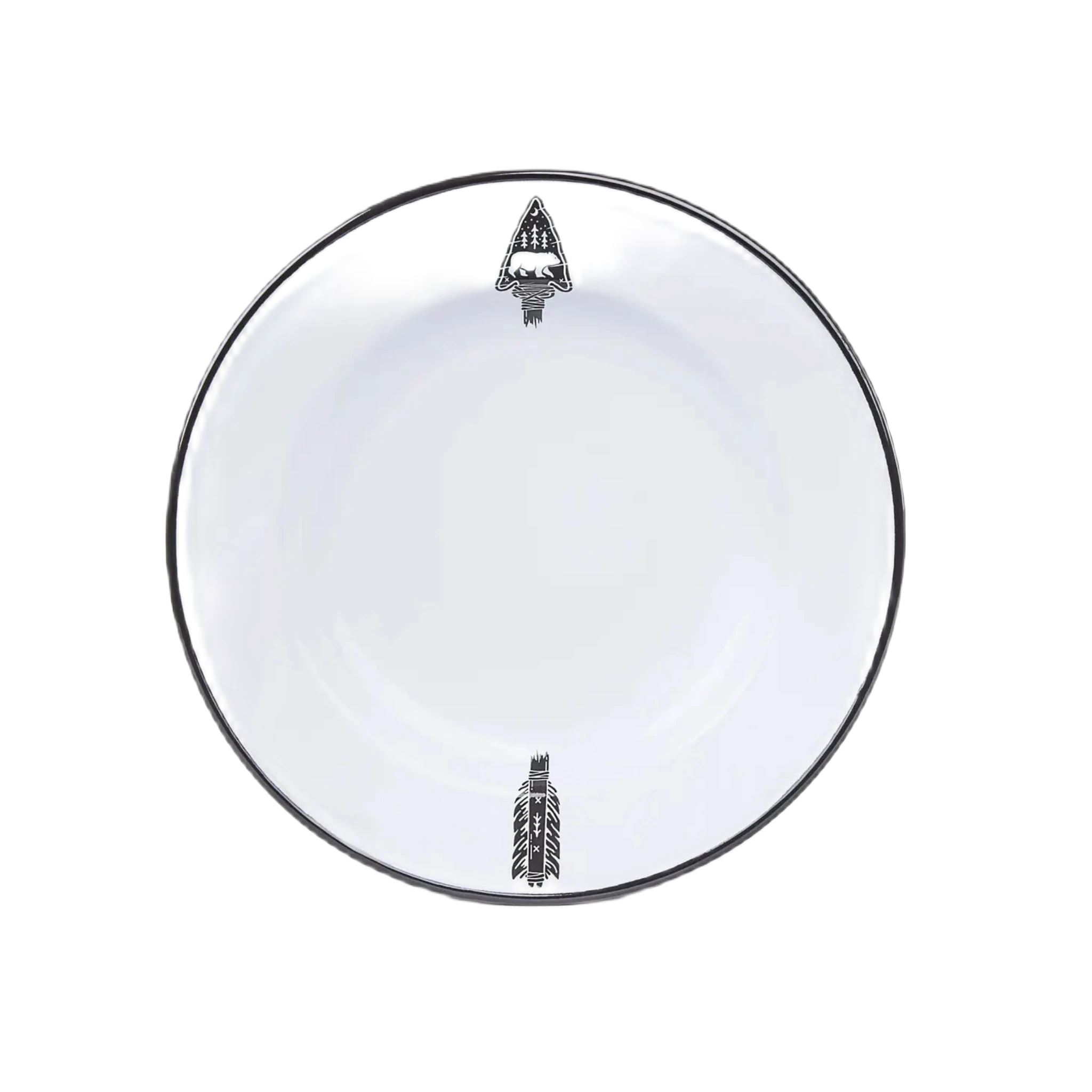 An Emalco Enamelware 9.5 Arrow Plate in white ceramic features intricate black illustrations of a squid and a fish, bordered by a black rim, set against a plain background. The plate demonstrates exceptional enamel durability, ensuring lasting quality and charm.