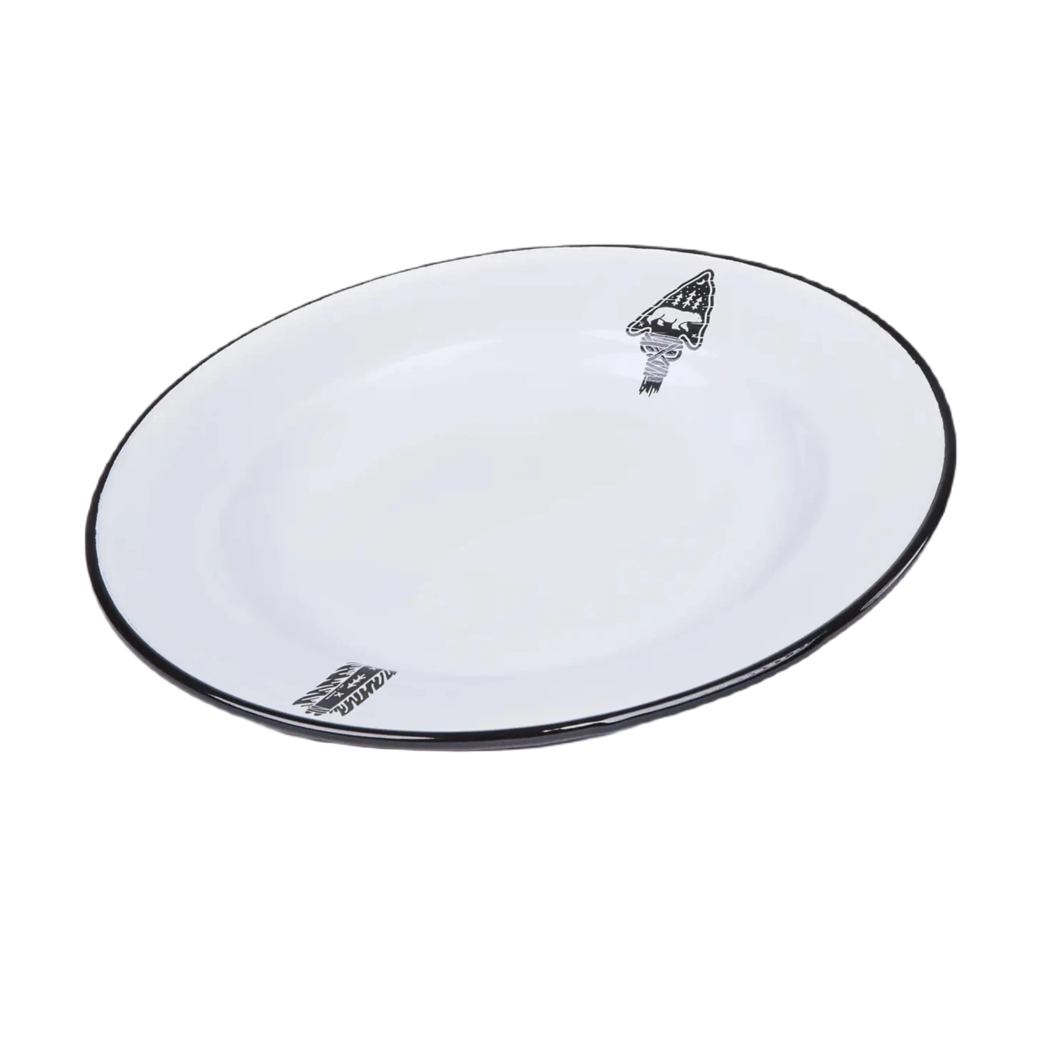 An Emalco Enamelware 9.5 Arrow Plate in white ceramic features intricate black illustrations of a squid and a fish, bordered by a black rim, set against a plain background. The plate demonstrates exceptional enamel durability, ensuring lasting quality and charm.