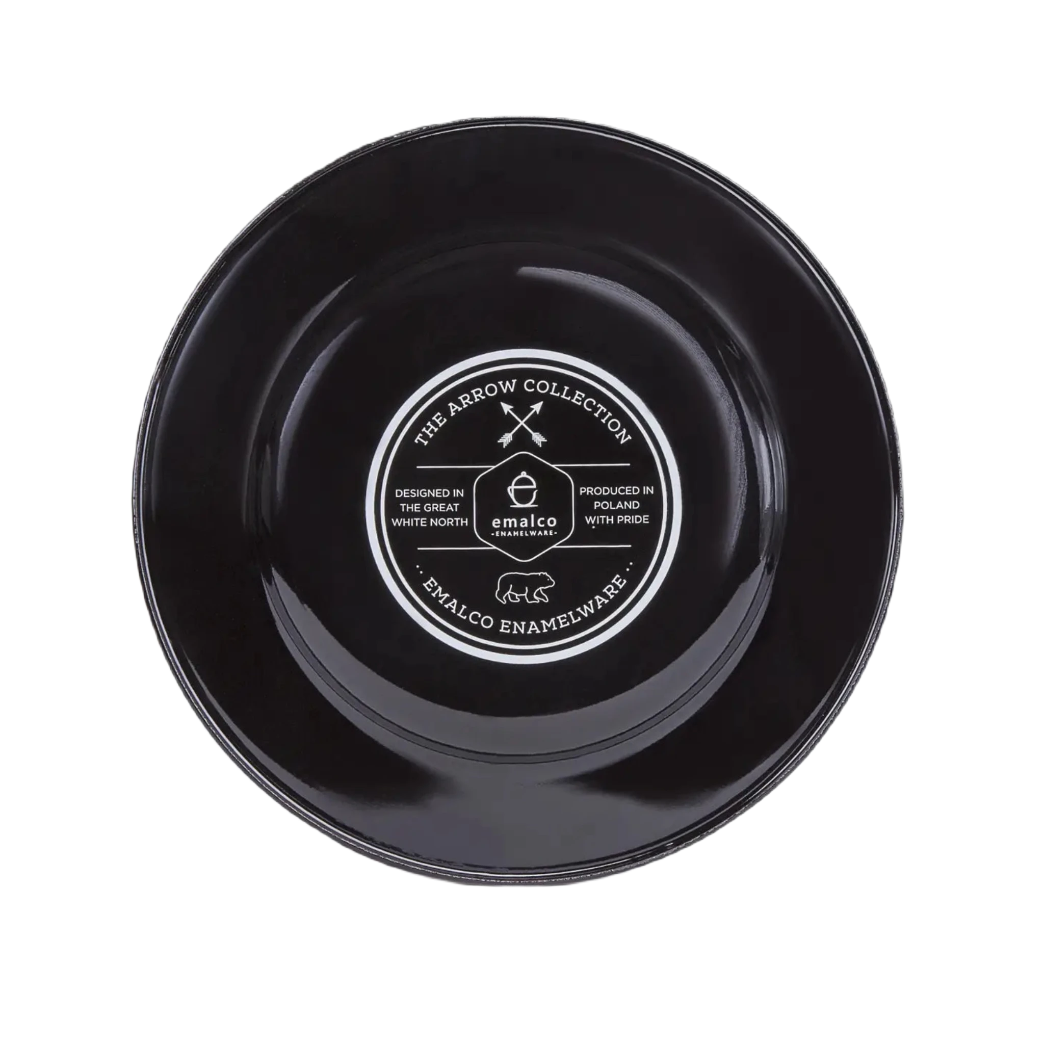 An Emalco Enamelware 9.5 Arrow Plate in white ceramic features intricate black illustrations of a squid and a fish, bordered by a black rim, set against a plain background. The plate demonstrates exceptional enamel durability, ensuring lasting quality and charm.