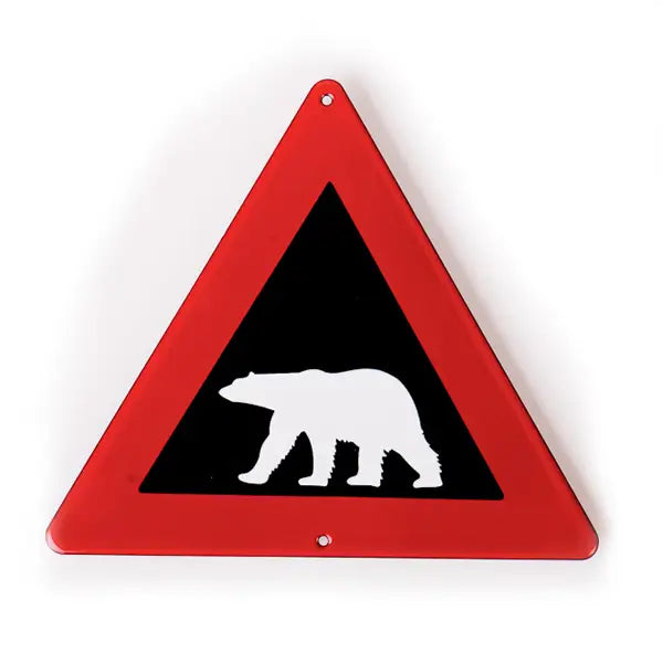 The Emalco Enamelware Triangle Warning Sign Polar Bear is a triangular enamel sign in red and black that features a white silhouette of a polar bear.