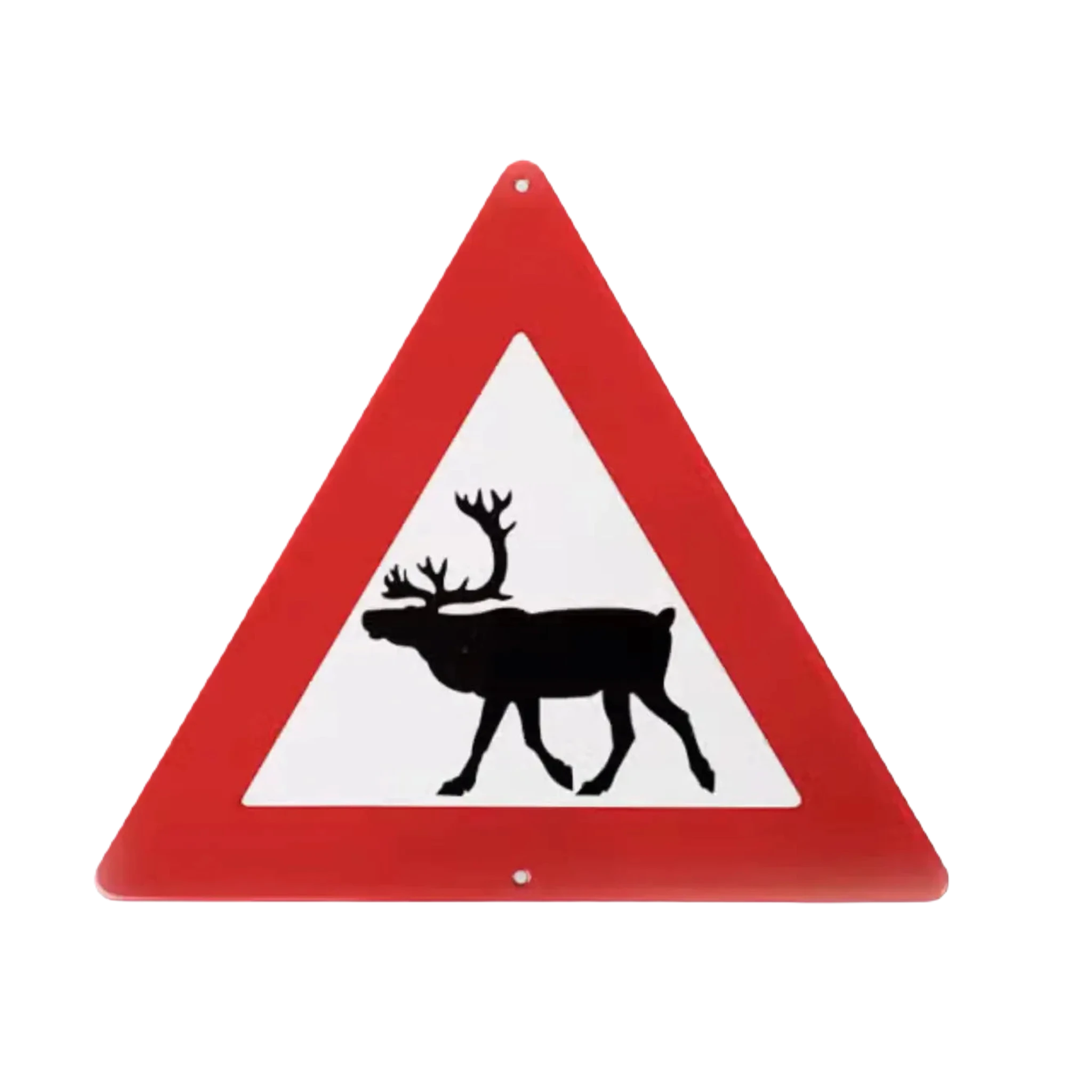 The Emalco Enamelware Triangle Warning Sign Reindeer features a triangular red and white road sign with a black silhouette of a moose, indicating a moose crossing, reminiscent of classic enamel signs found in the Arctic regions.