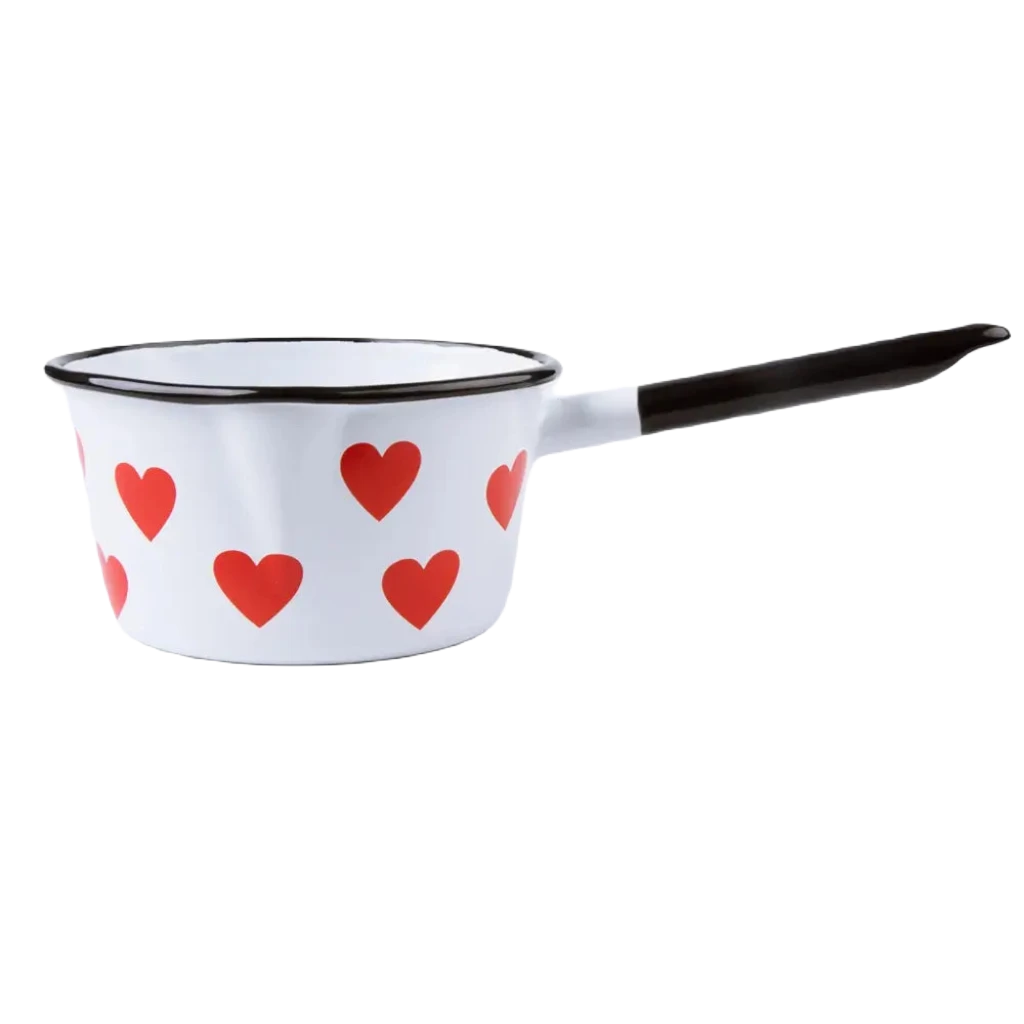 The Emalco Enamelware Enamel Heart Saucepan, featuring a white body with a black handle, is crafted from durable enamel material and adorned with charming red heart patterns. Pictured on a white background, it’s the perfect addition to your Emalco Enamelware collection.