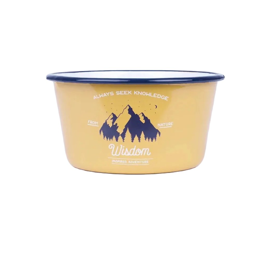The Emalco Enamelware 25.2oz Enamel Wisdom Bowl is a yellow enamel bowl with a blue rim, adorned with mountain designs and the inspirational texts "Always Seek Knowledge," "From Nature," and "Wisdom Inspired Adventure." This Wisdom Bowl is not only motivational but also crafted from durable material.