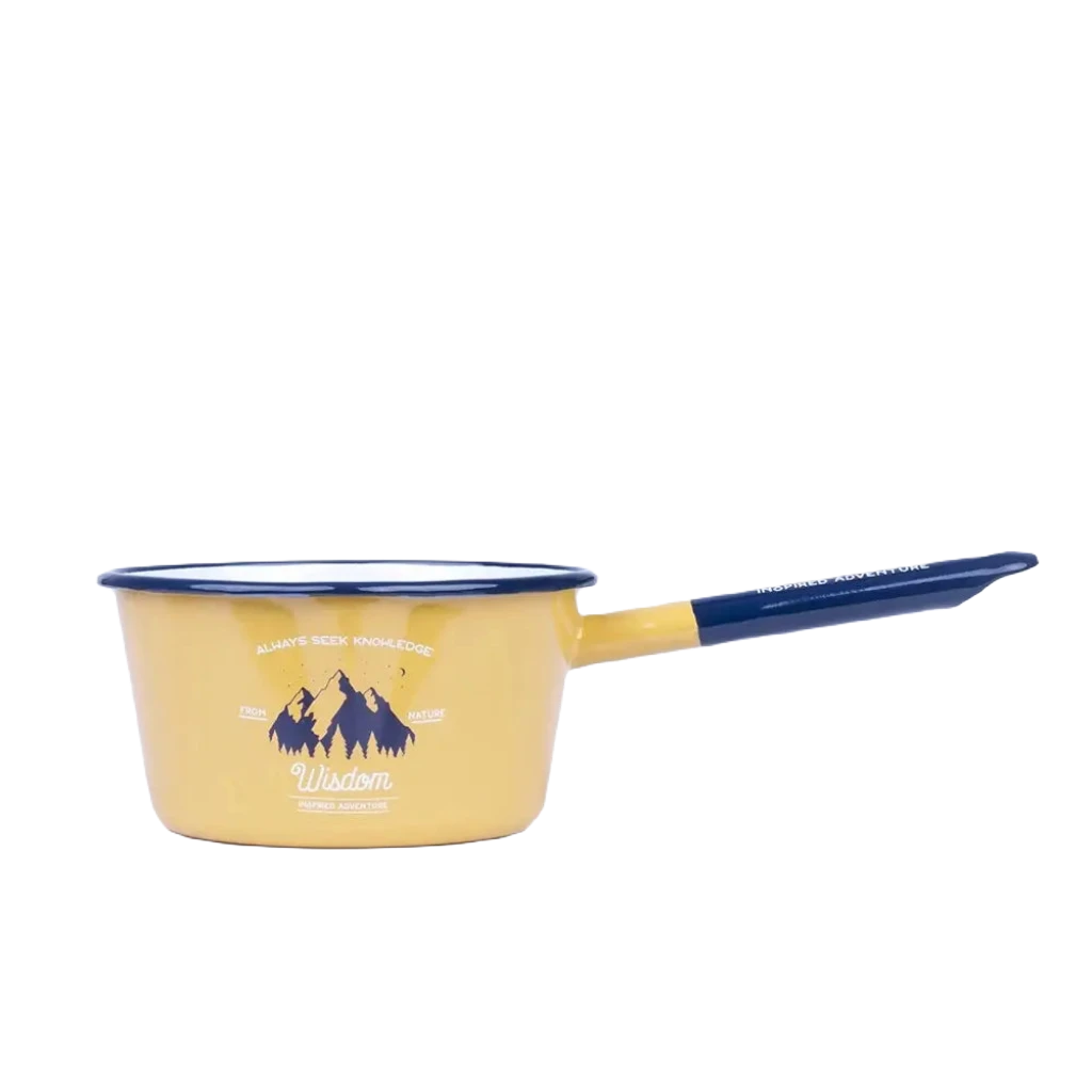 The Emalco Enamelware Enamel Wisdom Saucepan is a durable yellow enamel pan with a blue handle, adorned with the word "Wisdom" and a mountain graphic. Above it, the phrase "Always seek knowledge" serves as a daily reminder to pursue wisdom.