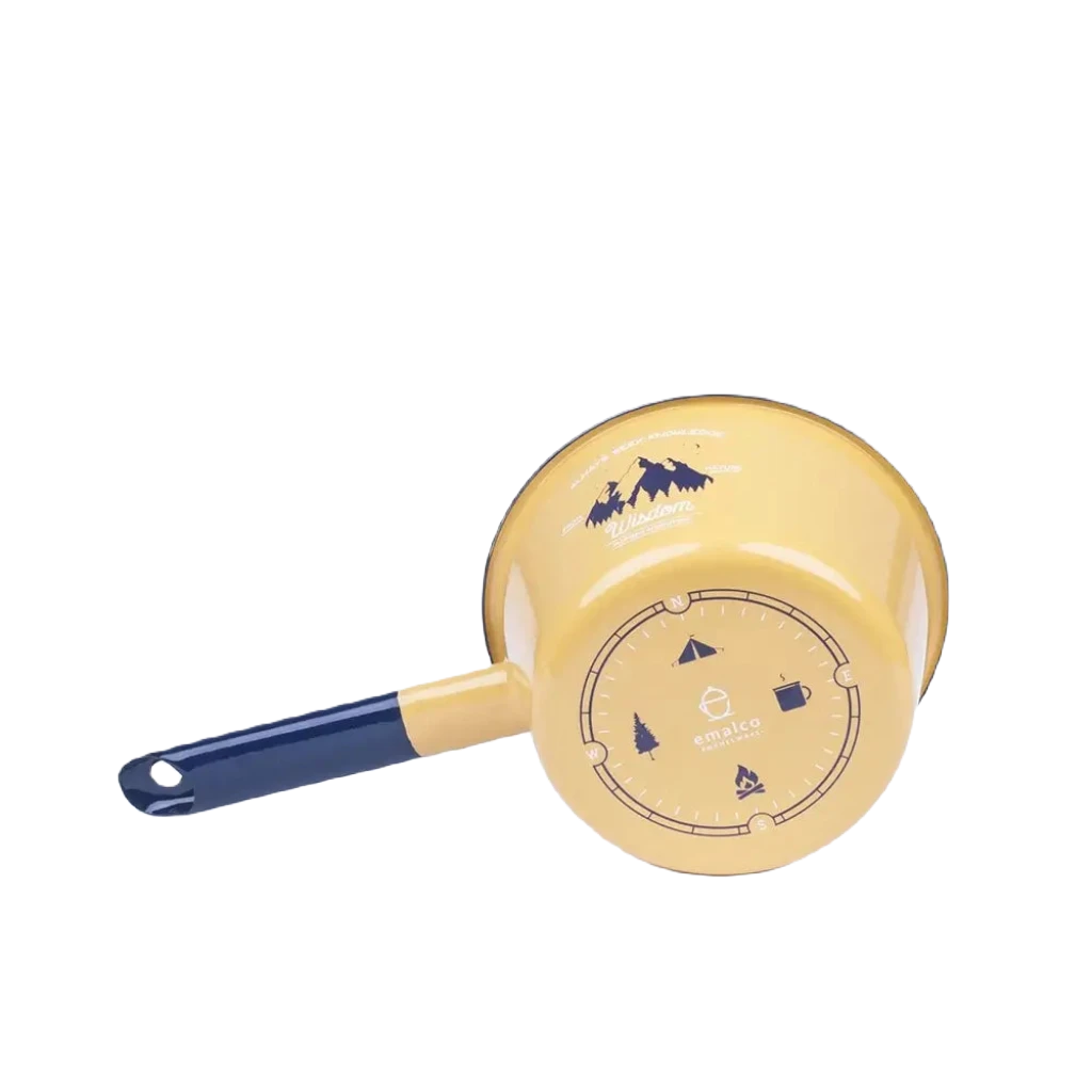 The Emalco Enamelware Enamel Wisdom Saucepan in yellow, meticulously crafted from durable enamel material, features a navy blue handle and delightful outdoor-themed illustrations adorning its bottom and sides. This charming piece is elegantly showcased on a white surface.