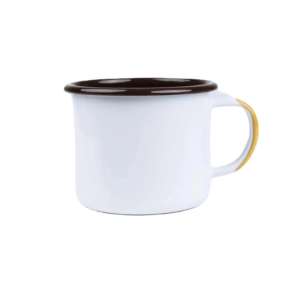 The Emalco Enamelware 22oz Enamel Yellowstone National Park Mug is a white enamel mug featuring a black rim and handle. Its logo showcases bison and bear images, celebrating Yellowstone's history since 1872 and honoring John Muir's profound impact on National Parks.