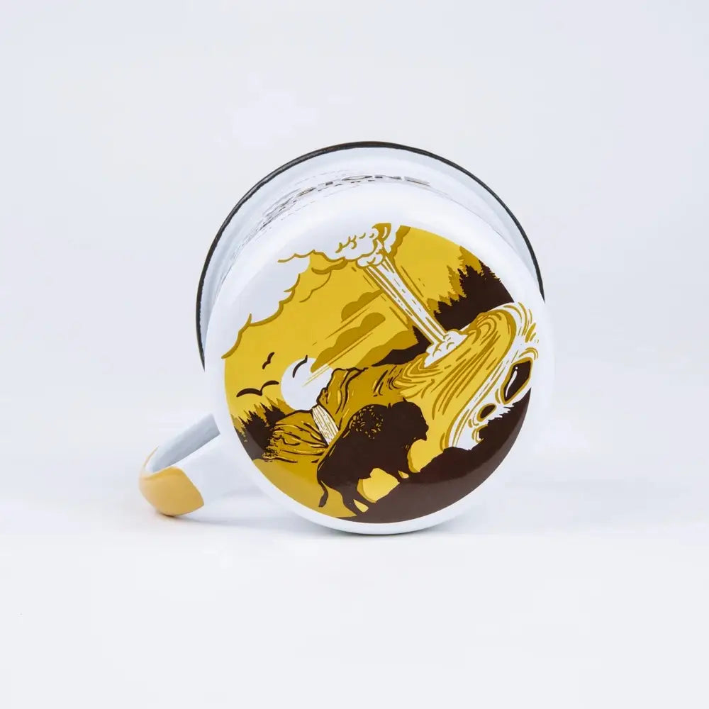 The Emalco Enamelware 22oz Enamel Yellowstone National Park Mug is a white enamel mug featuring a black rim and handle. Its logo showcases bison and bear images, celebrating Yellowstone's history since 1872 and honoring John Muir's profound impact on National Parks.