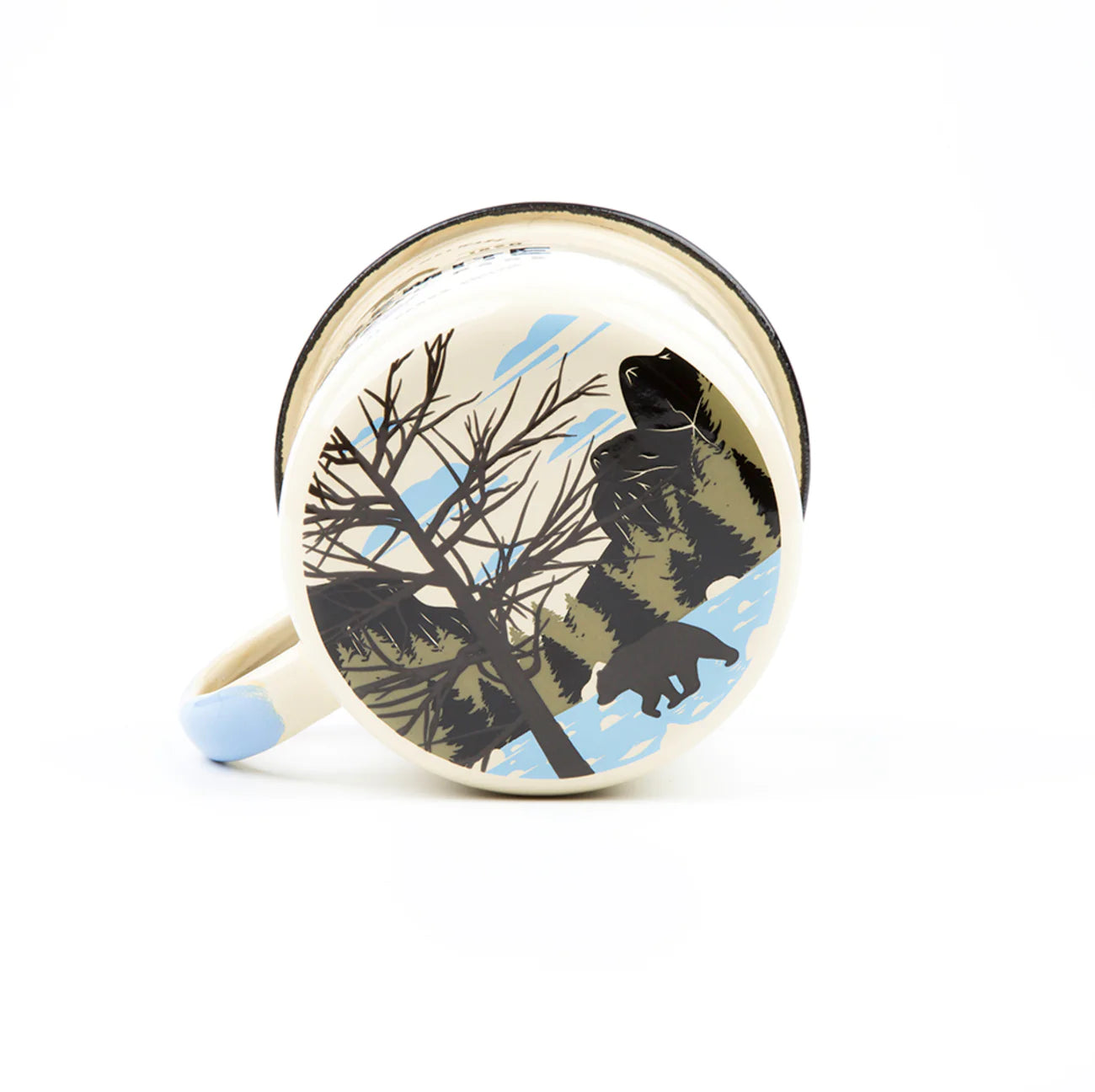 The Emalco Enamelware 22oz Enamel Yosemite National Park Mug is a white enamel mug with a black rim, showcasing "Yosemite National Park" text and a bear illustration in black, perfectly capturing a vintage look that celebrates U.S. National Parks.