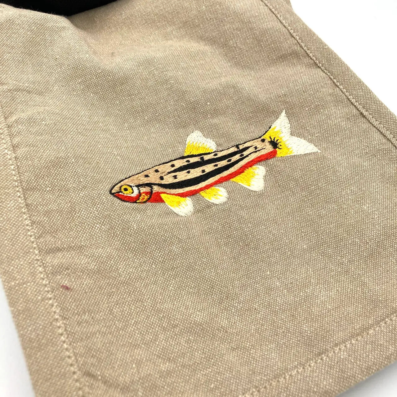 Beige field trip bag with red belly dace fish embroidery, eco-friendly, handmade by Women of the Cloud Forest, nature inspired.