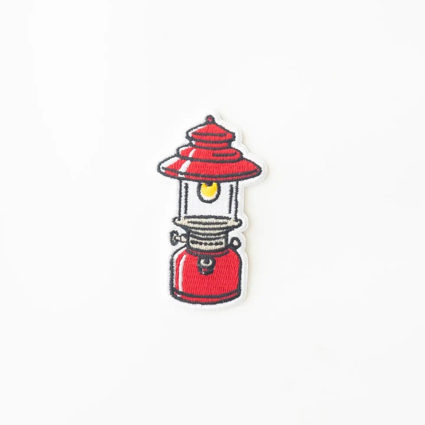 Union Made red and silver camping lantern patch with yellow light, embroidered for outdoor enthusiasts; durable and collectible.