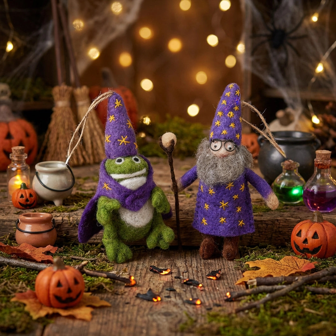 Wendall the Wizard felt ornament by Felt So Good, displayed with pumpkins and potions for magical Halloween home decor.