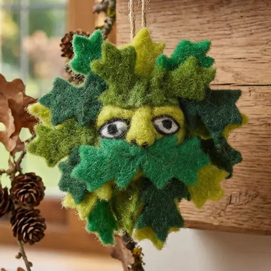 Forager Provisions LTD handmade felt Green Man hanging decoration crafted from sustainable green wool leaves