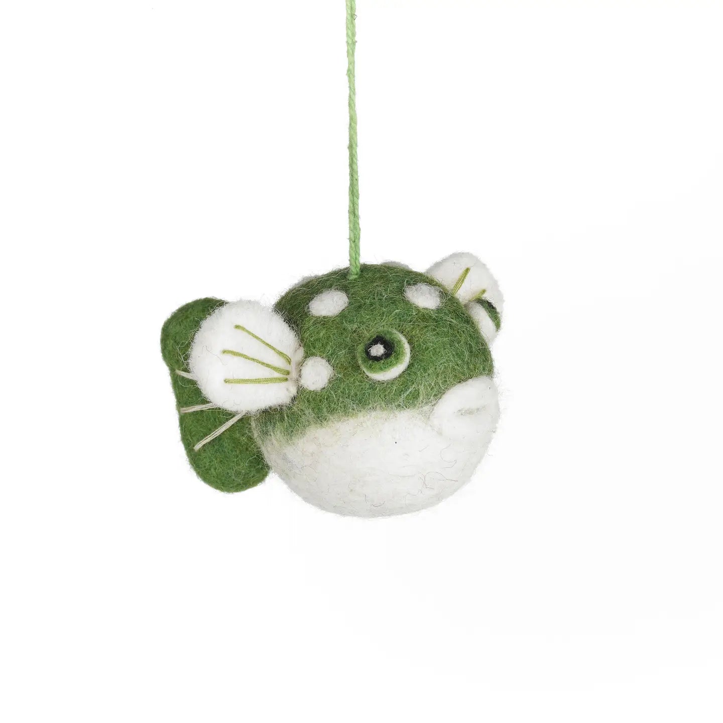 Handmade ocean-themed felt puffer fish hanging with green and white spots, ideal nautical decor or kid’s room ornament.