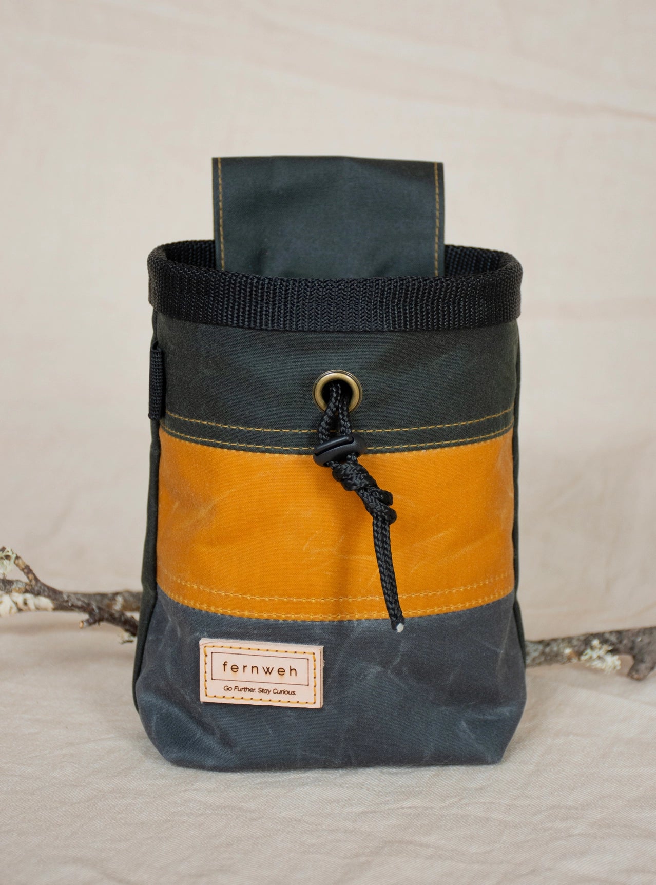 Fernweh UK Waxed Canvas Chalk Bag Forest Sand Scree, durable climbing gear with black drawstring closure for bouldering.