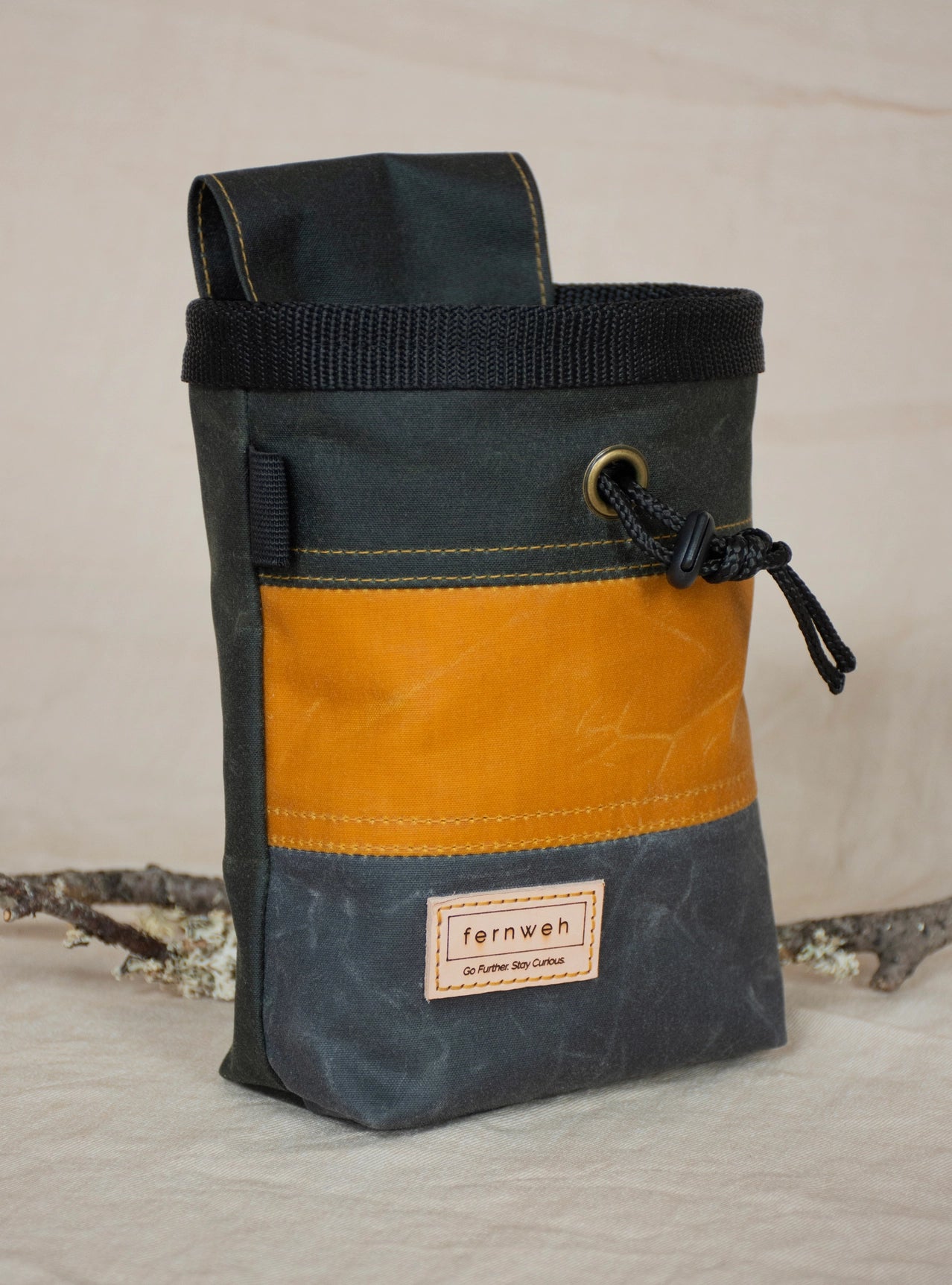 Fernweh UK Waxed Canvas Chalk Bag Forest/Sand/Scree with drawstring closure and front Fernweh label for climbing gear.