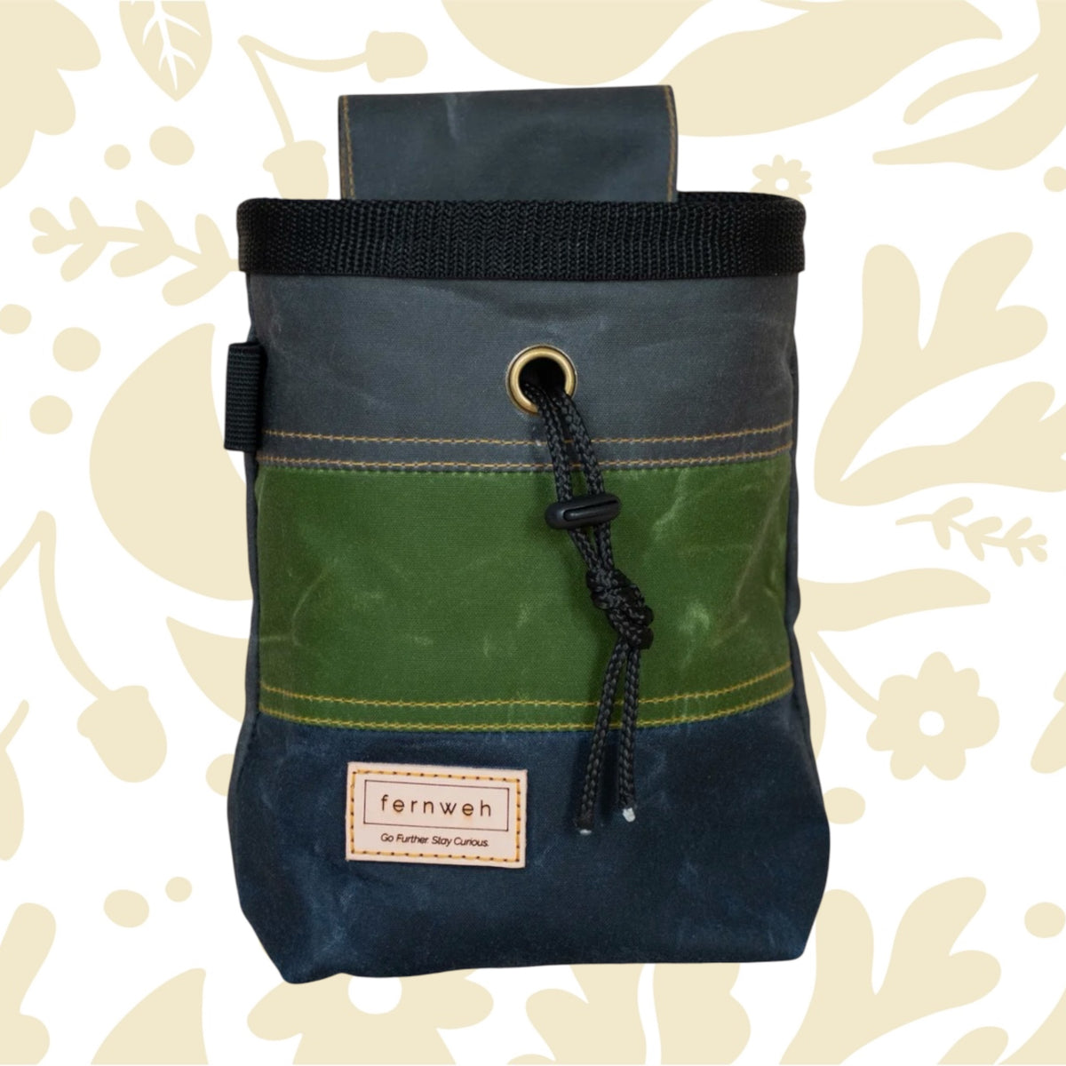 Fernweh UK waxed canvas chalk bag in Scree, Moss, Storm, with front logo patch & secure drawstring closure for climbers.