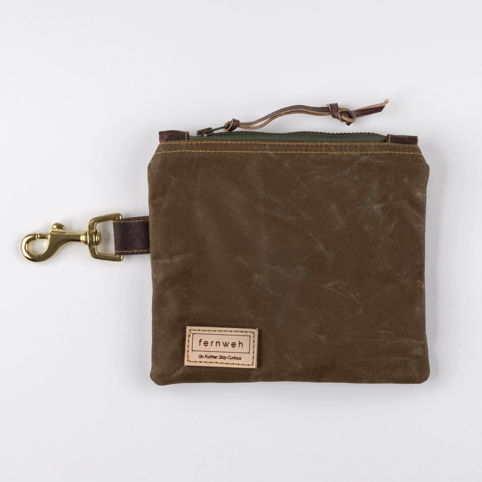 Fernweh Lochan Wallet Pouch in Bark—waxed cotton, zip, brass clip & handle, Fernweh label. Handmade in Scotland. Stylish EDC.