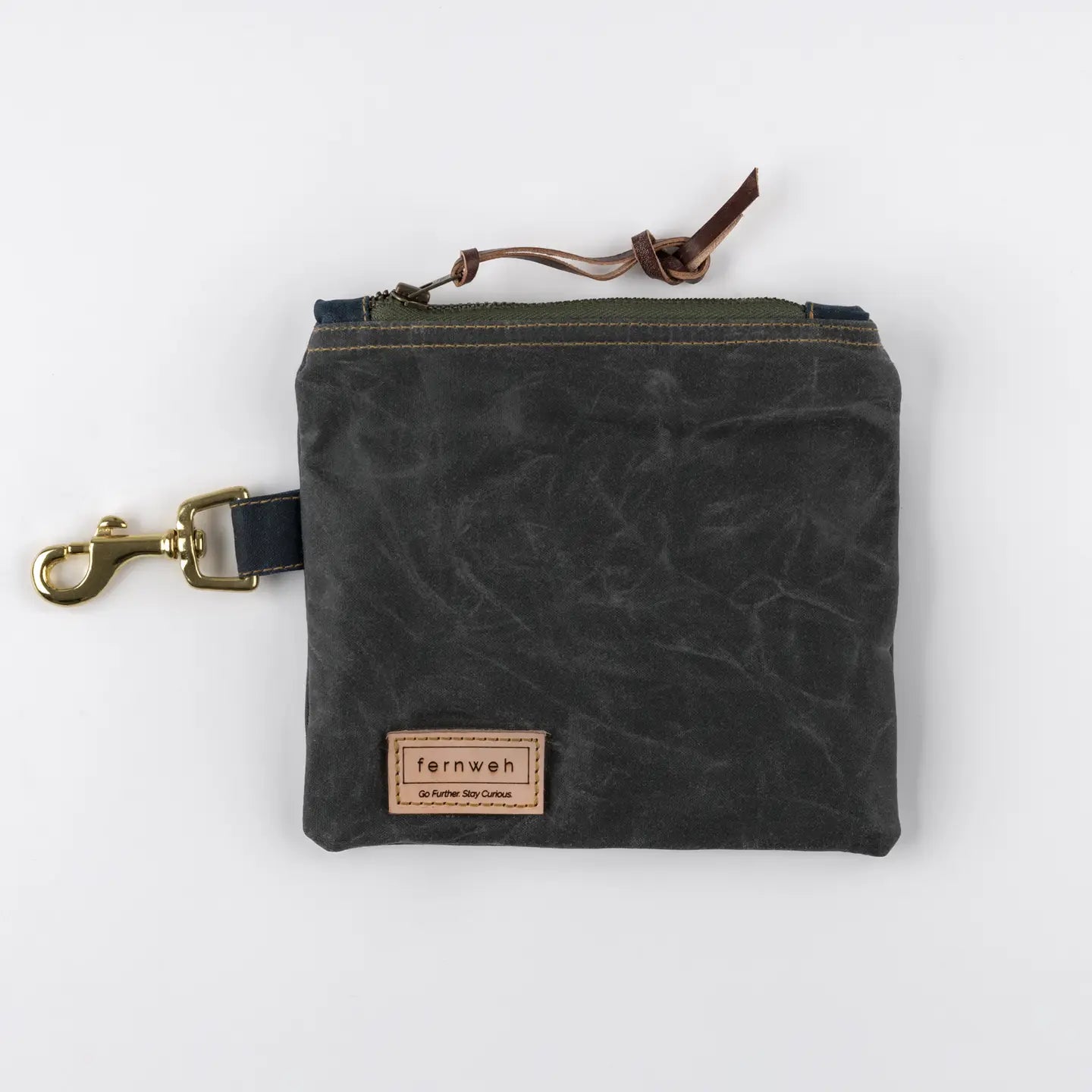 Fernweh Lochan Scree Blue waxed cotton wallet pouch with brass clasp, leather pull tab, and tan logo patch—stylish & durable.