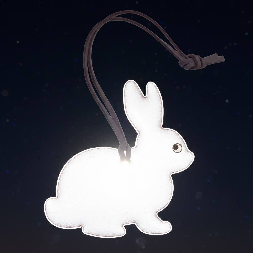 Forager Provisions LTD Firefly Sweden pink bunny reflective bag charm glowing against a dark night sky background