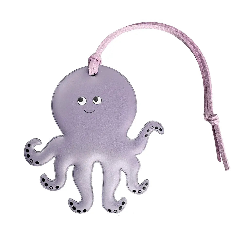 Firefly Sweden Octopus Reflector Bag Charm: purple flat safety tag with strap, perfect cute accessory for visibility and style.