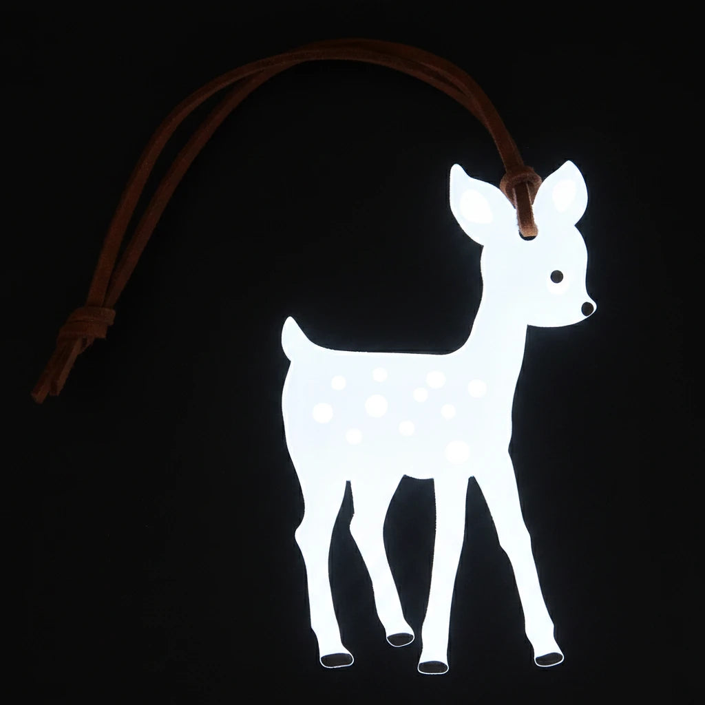 Firefly Sweden Bambi Deer Bag Charm Keychain, brown with white spots, animal reflector, with strap, on white background.