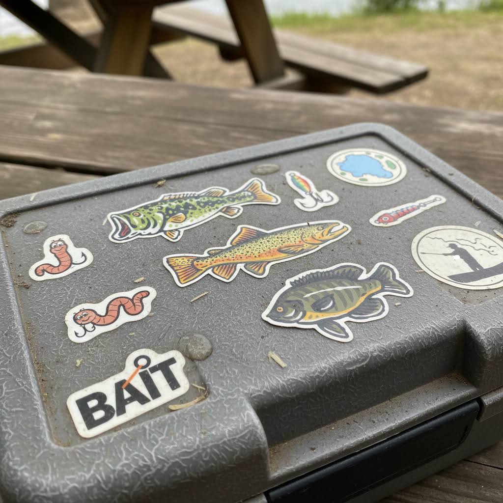 Forager Provisions LTD freshwater fish vinyl stickers featuring bass, trout, and bluegill on a grey tackle box.