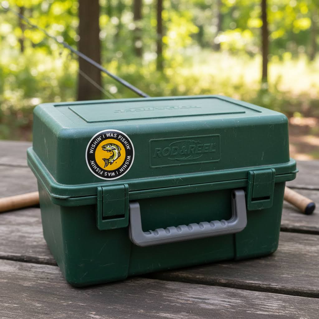 Forager Provisions LTD vinyl sticker with Wishin' I Was Fishin' text on a green tackle box in an outdoor setting.