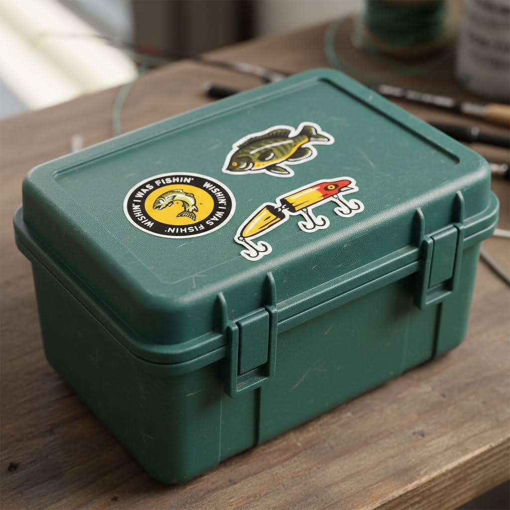 Forager Provisions LTD fishing vinyl stickers applied to a green plastic tackle box on a wooden table.