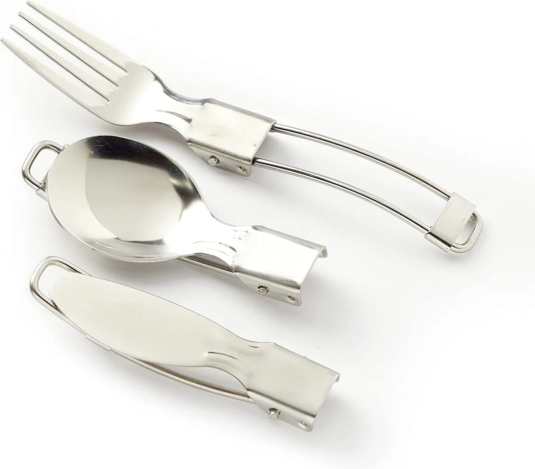 The Brass Monkey Get Lost On Purpose kit: stainless steel folding utensils set, essential for camping, hiking, outdoor adventures.