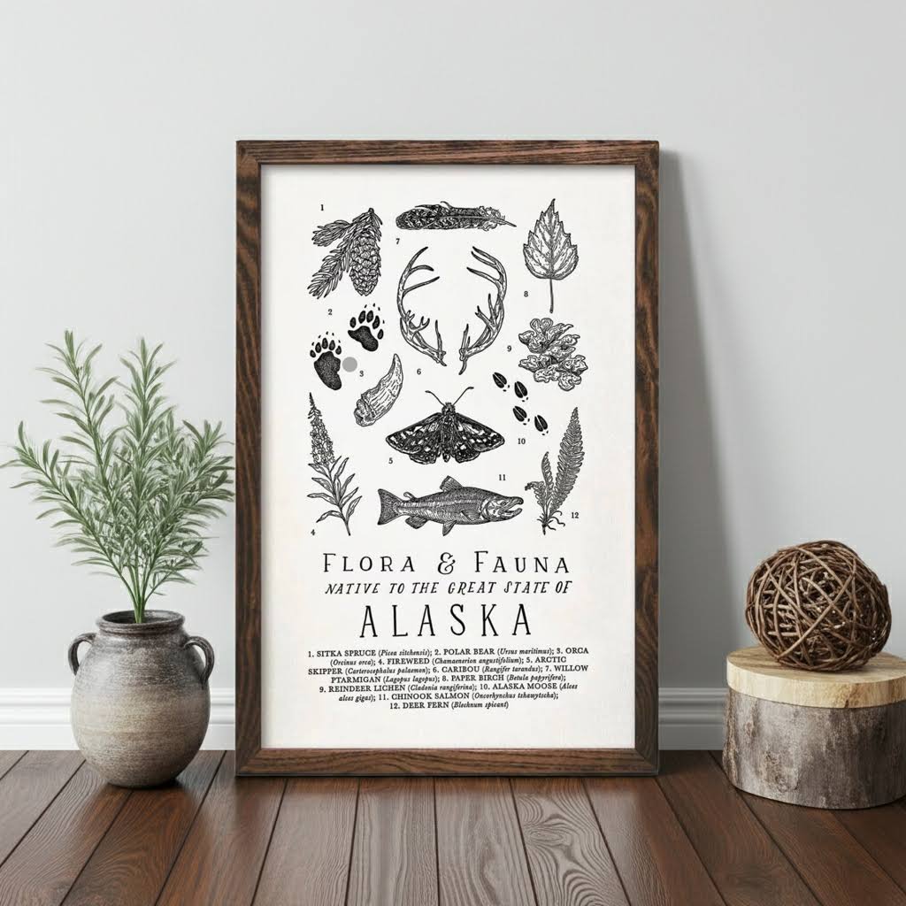 Forager Provisions LTD Alaska flora and fauna letterpress art print featuring wildlife illustrations on cotton paper.
