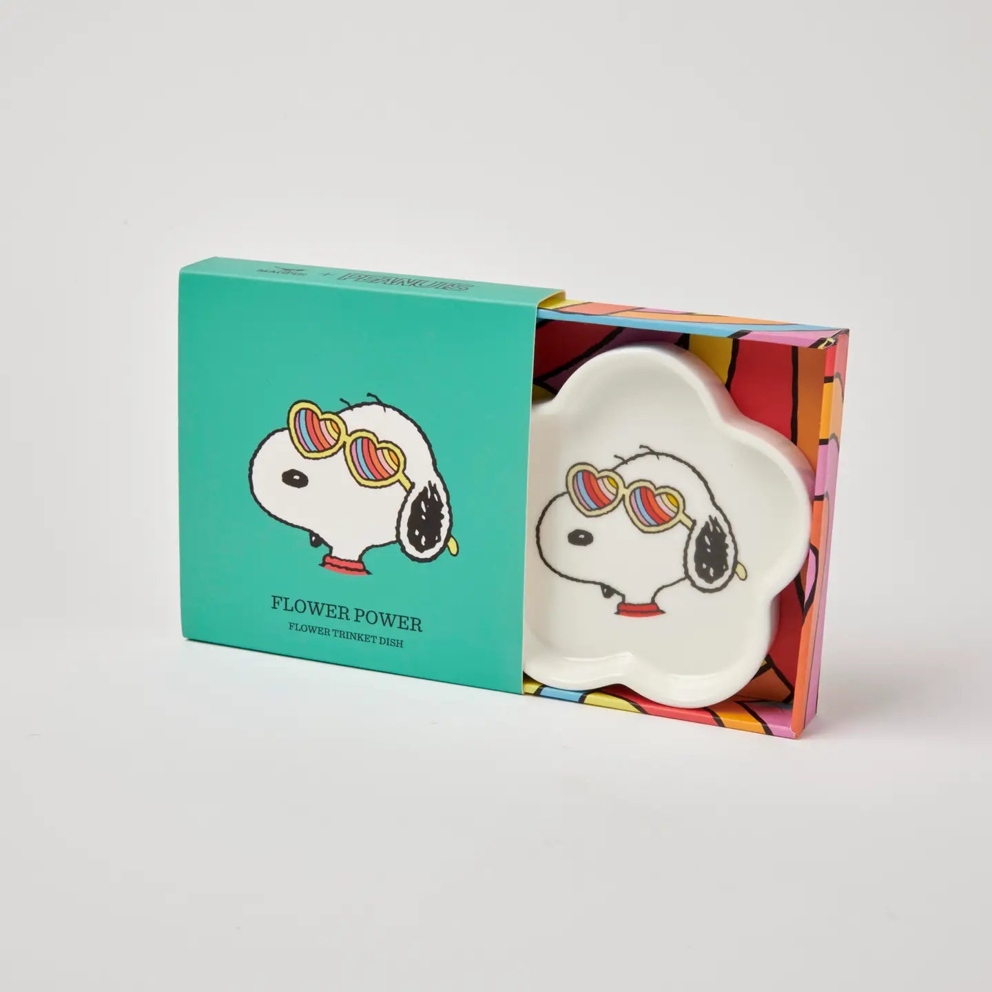 Snoopy in heart sunglasses on Magpie’s Peanuts Flower Power trinket dish, turquoise box included, collectible gift.