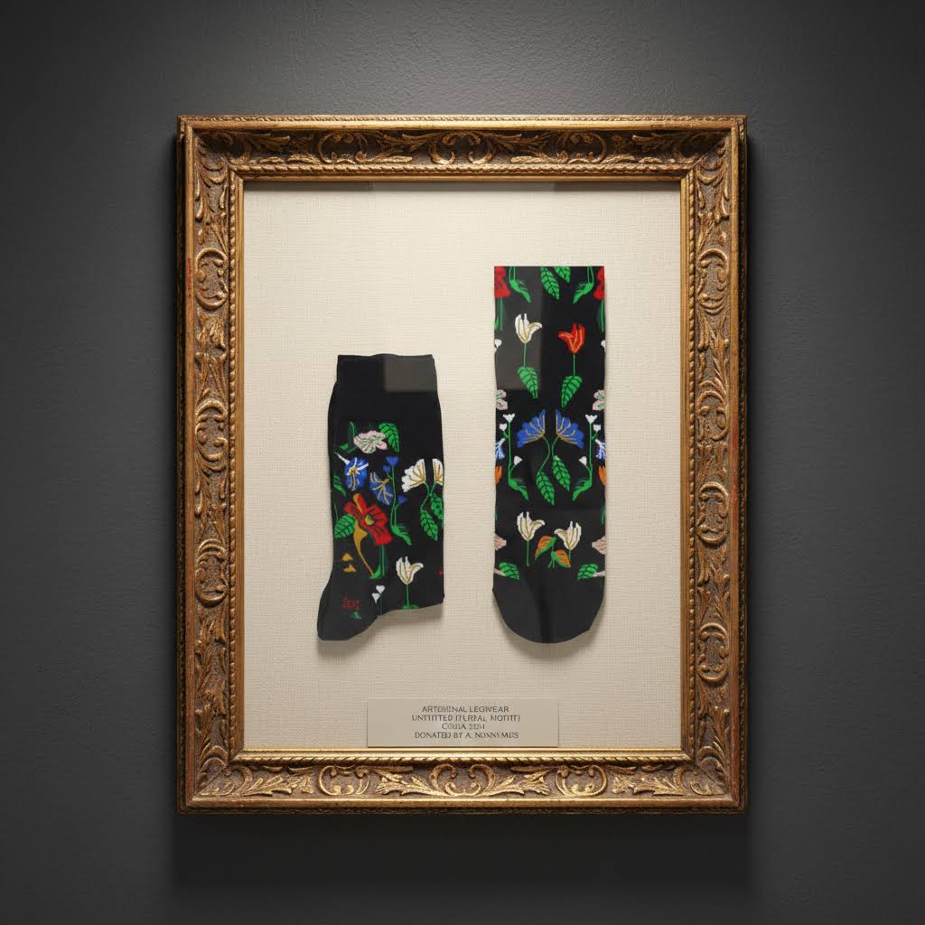 Forager Provisions LTD Flower Still Life socks featuring colorful floral patterns on black cotton, framed like art.