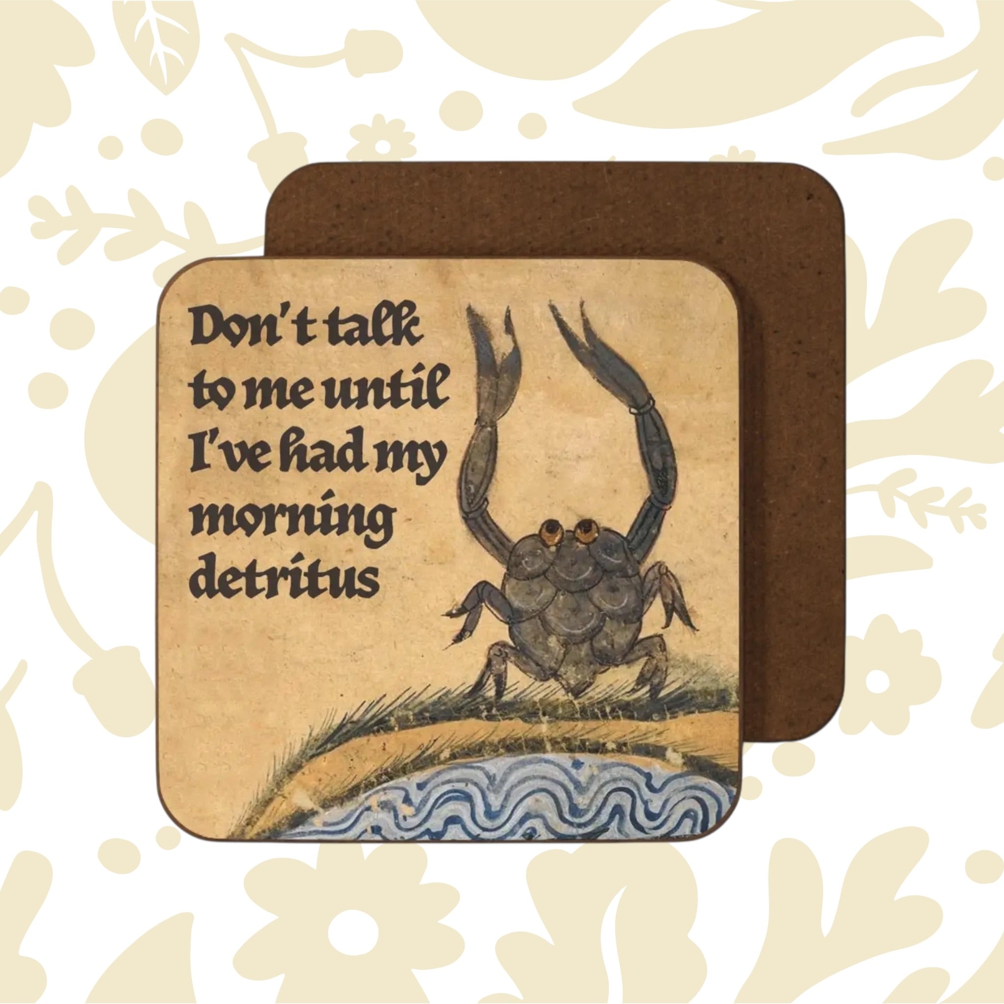 Betiobca Medieval Crab Coaster—floral coaster with whimsical crab, medieval manuscript art, unique home decor gift idea.