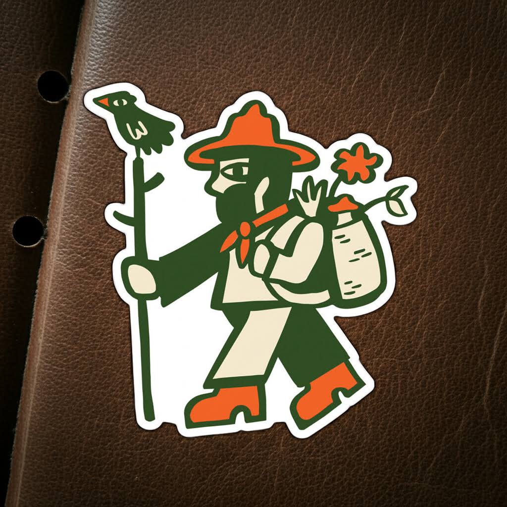 Forager Provisions LTD weatherproof vinyl sticker featuring a woodland hiker illustration with a matte finish.