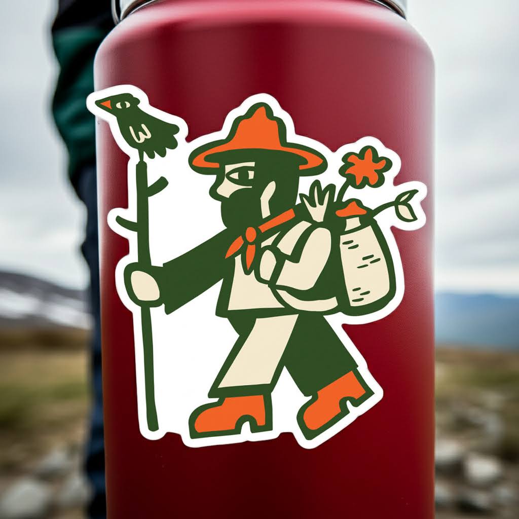 Forager Provisions LTD vinyl sticker featuring a woodland hiker design on a red water bottle with a matte finish.
