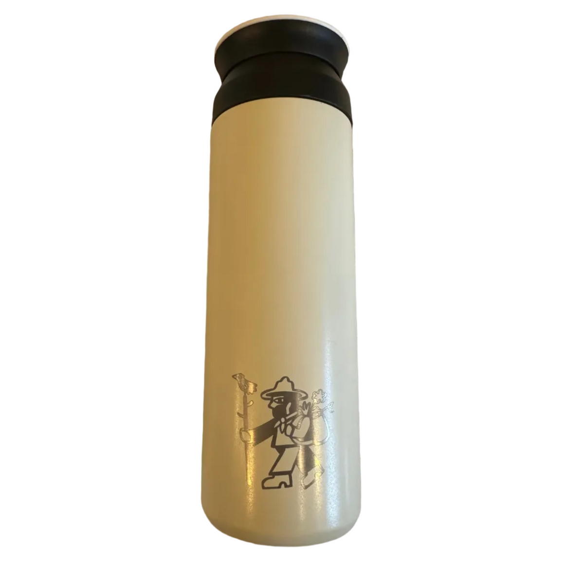 Forager Provisions Collard Dove Egg 500ml travel mug: beige stainless steel flask, black lid, hiker art; eco-friendly bottle.