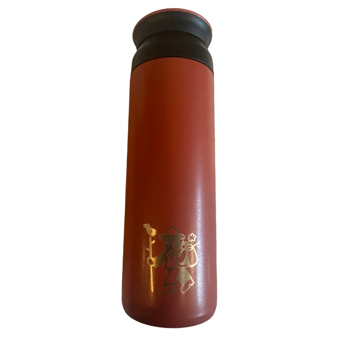 Forager Provisions Currant Berry flask 500ml, red bottle, black lid, walking figure with staff and flower by base.