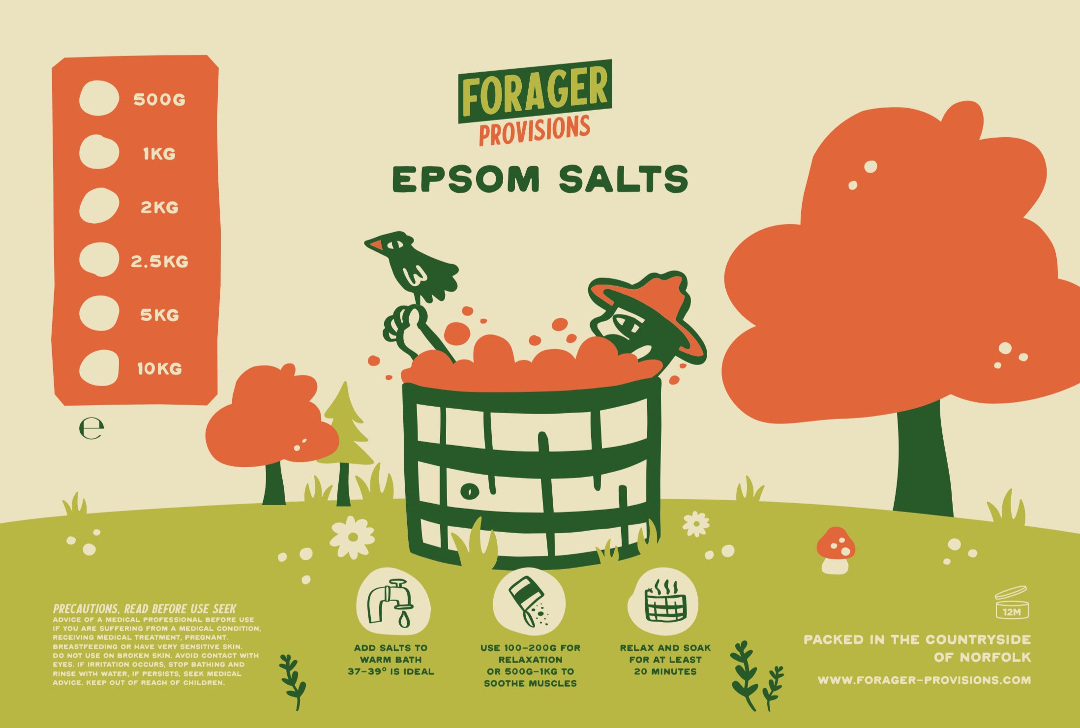Illustration: birds and hat in tub, Forager Provisions Hiker Bath Salts - Epsom Salts 1KG Packet for muscle recovery.