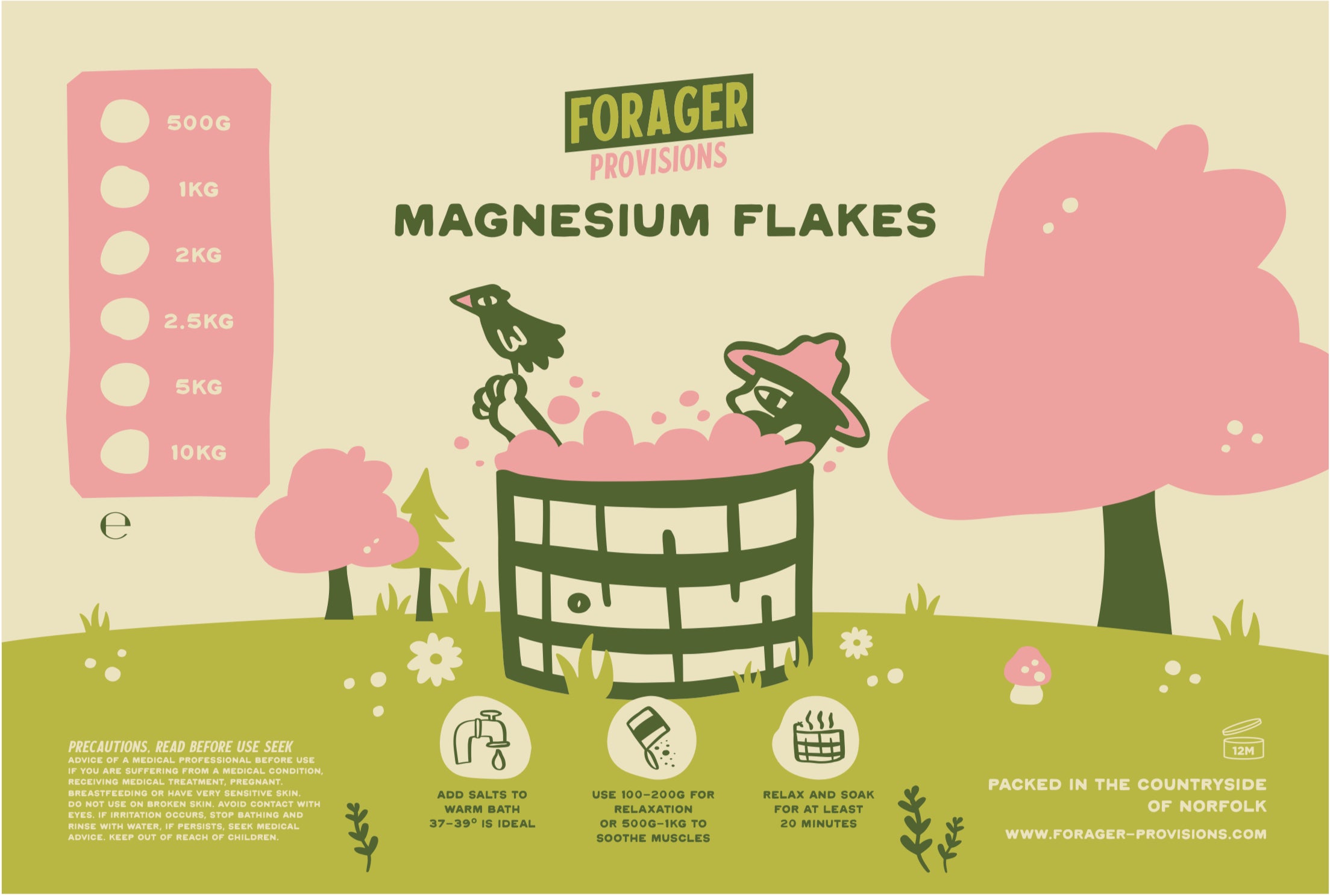 Two birds in a bubbly tub under pink trees; Forager Provisions Hiker Bath Salts Magnesium Flakes 1KG spa illustration.
