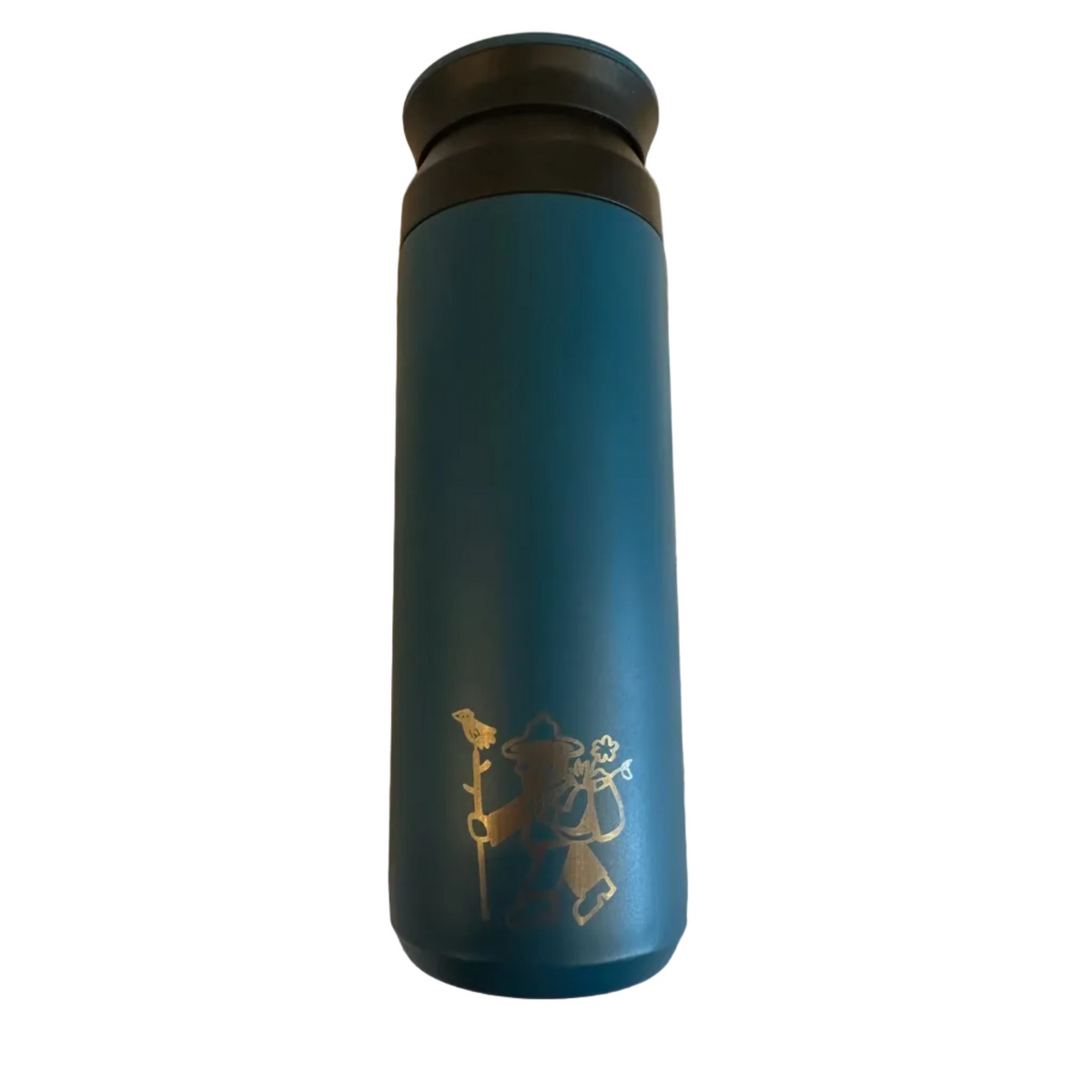 Forager Provisions Betta Fish Blue 500ml travel mug, black lid, white engraved hiker graphic; insulated reusable cup.