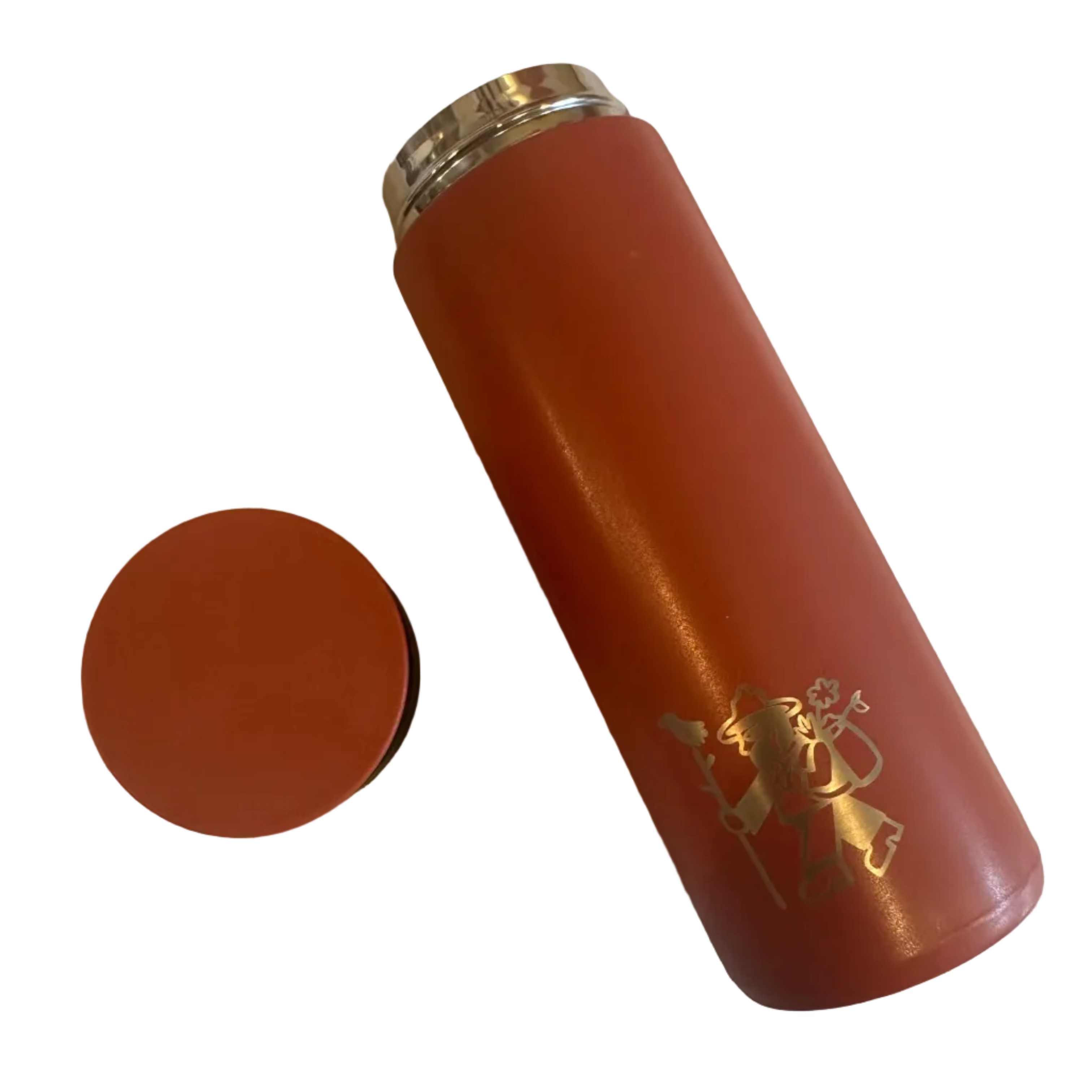 Red thermos with a gold emblem on a white surface