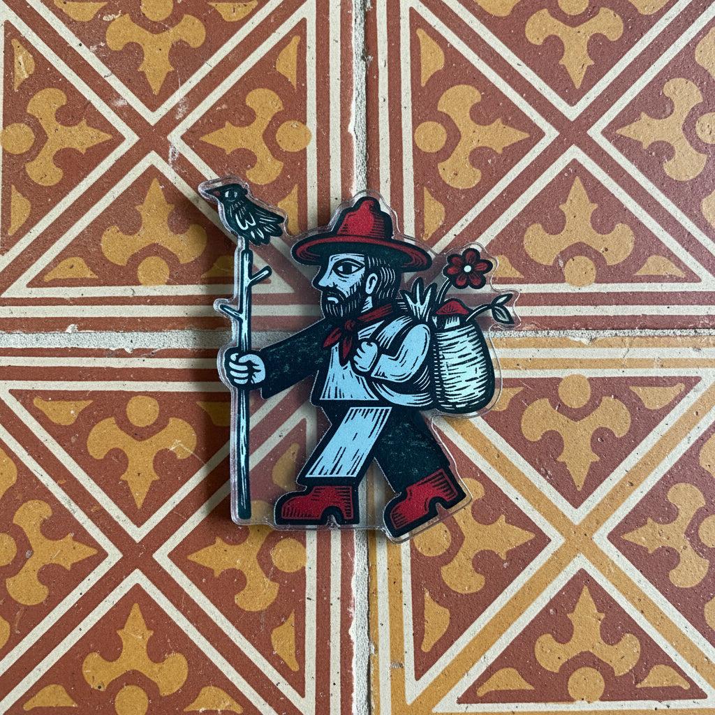 Forager Provisions Medieval Acrylic Magnet (1.88×2″) shows a bearded man in red hat, boots, bag, holding a stick with a bird on
