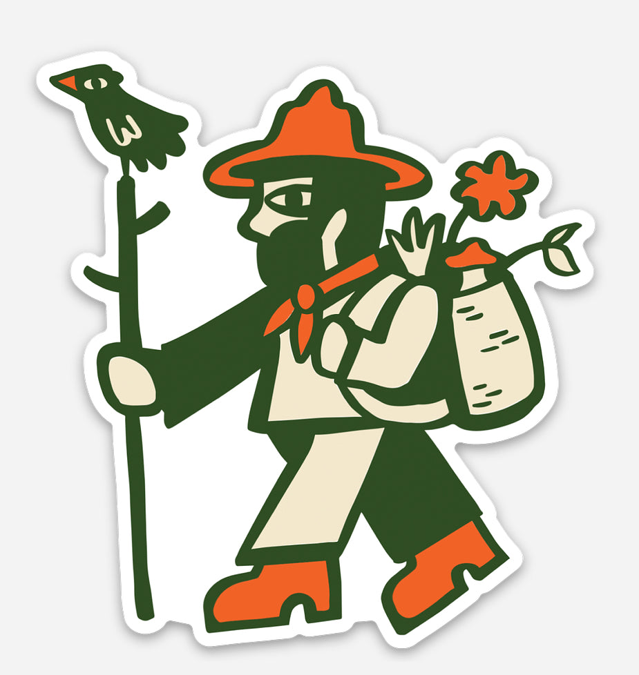 Forager Provisions vinyl sticker 71x76mm shows a bearded cartoon hiker holding a bird-topped stick, waterproof and durable.