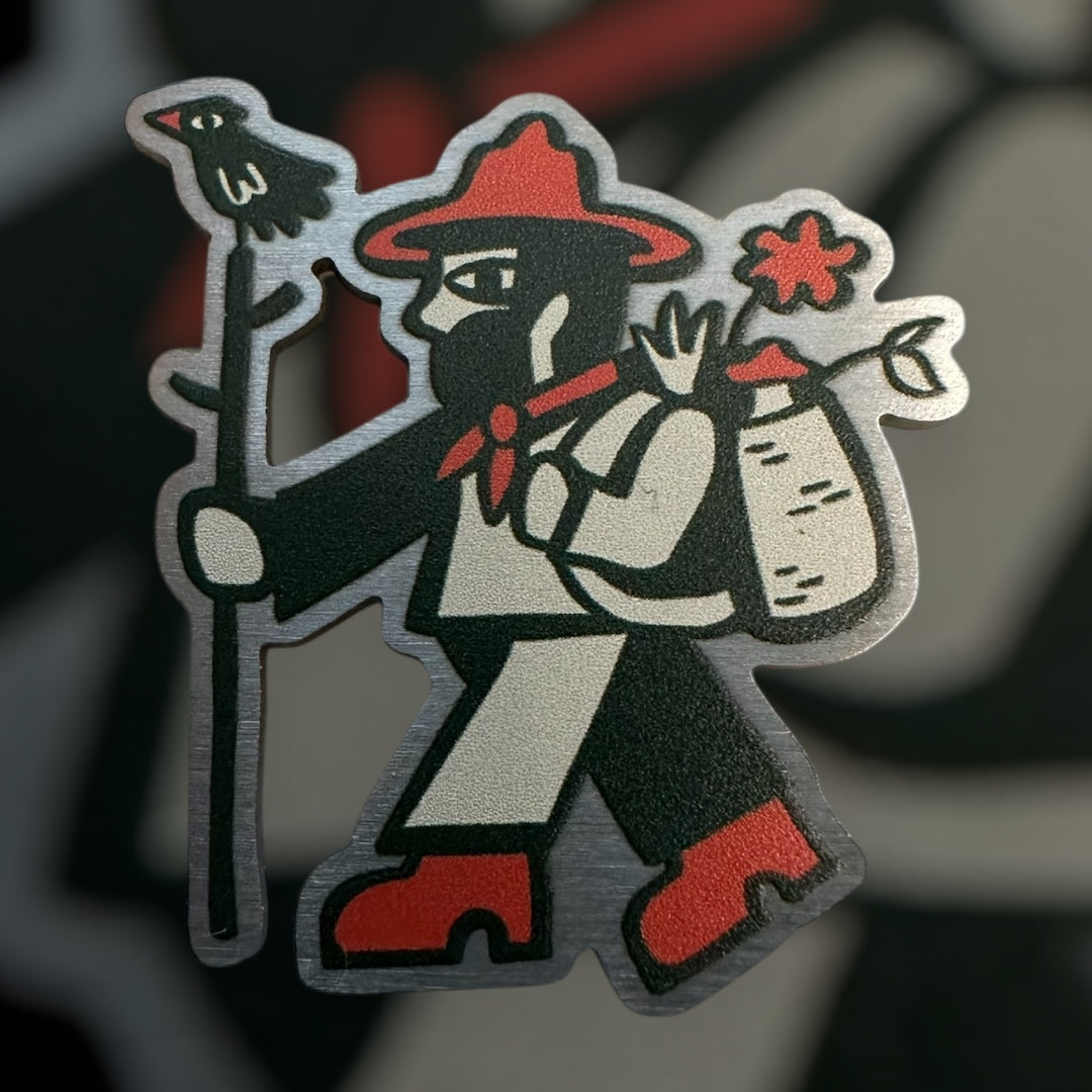 Forager Provisions 40mm stainless steel pin badge featuring a cartoon hiker, ideal hiking gift for outdoor adventure lovers.