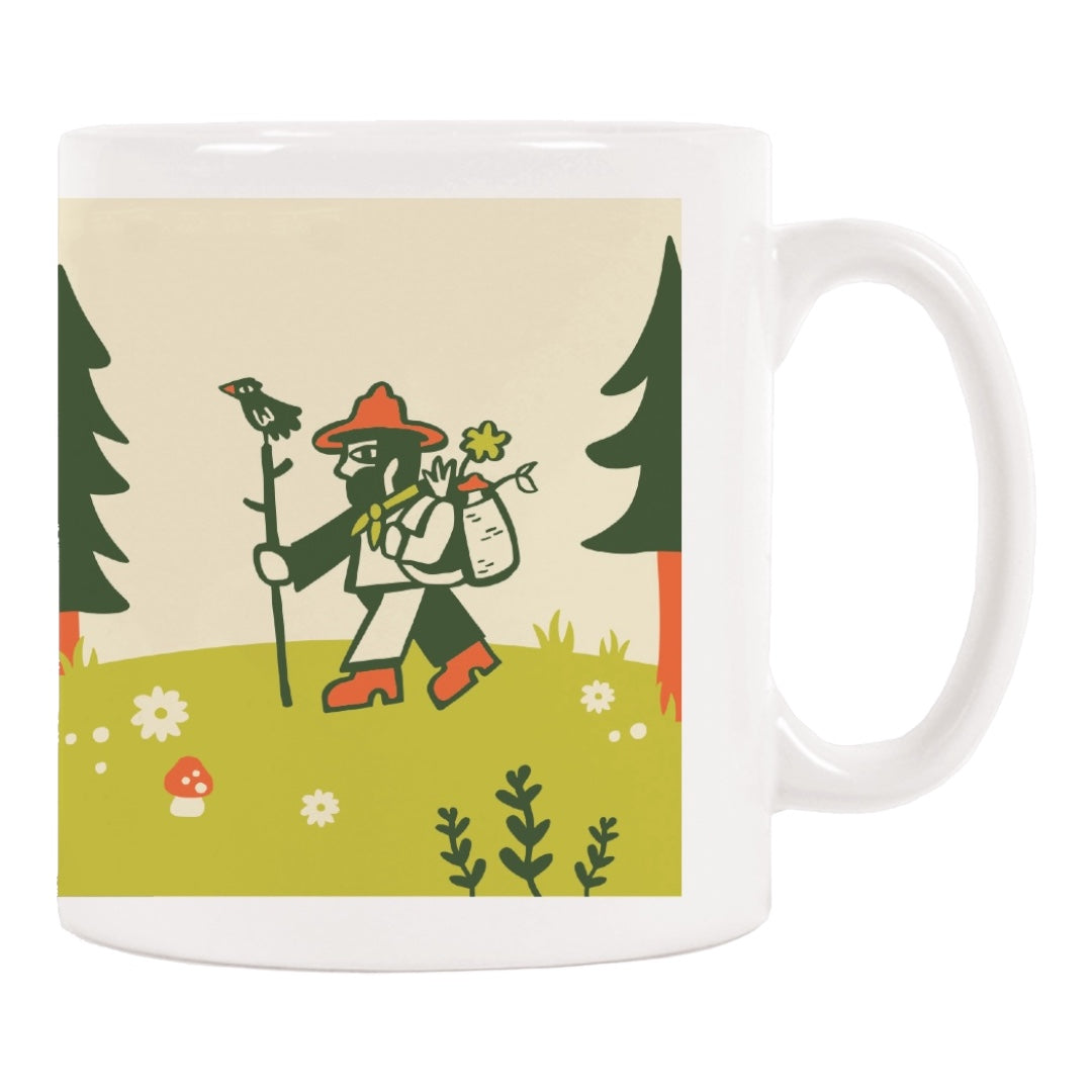 Two white Forager Provisions Branded Mugs featuring a whimsical hiker and tree design. One mug depicts a hiker with trekking poles, while the other proudly displays "Drager Provisions," making it an ideal for any Forager Provisions enthusiast.
