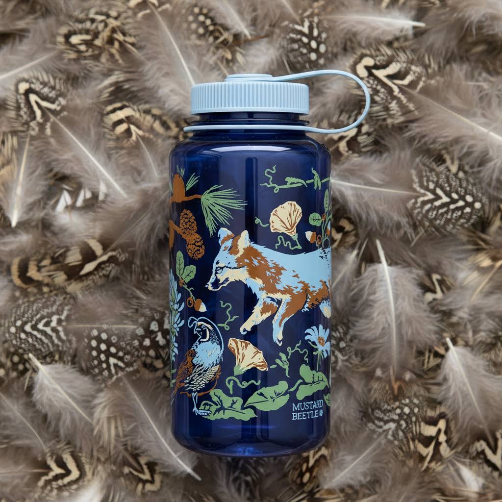 Forager Provisions LTD 32oz blue Nalgene water bottle featuring Mustard Beetle wildlife and botanical illustrations