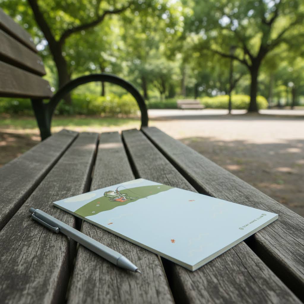 Forager Provisions LTD Stay Home Club fishing frog notepad resting on a park bench with a pen nearby.