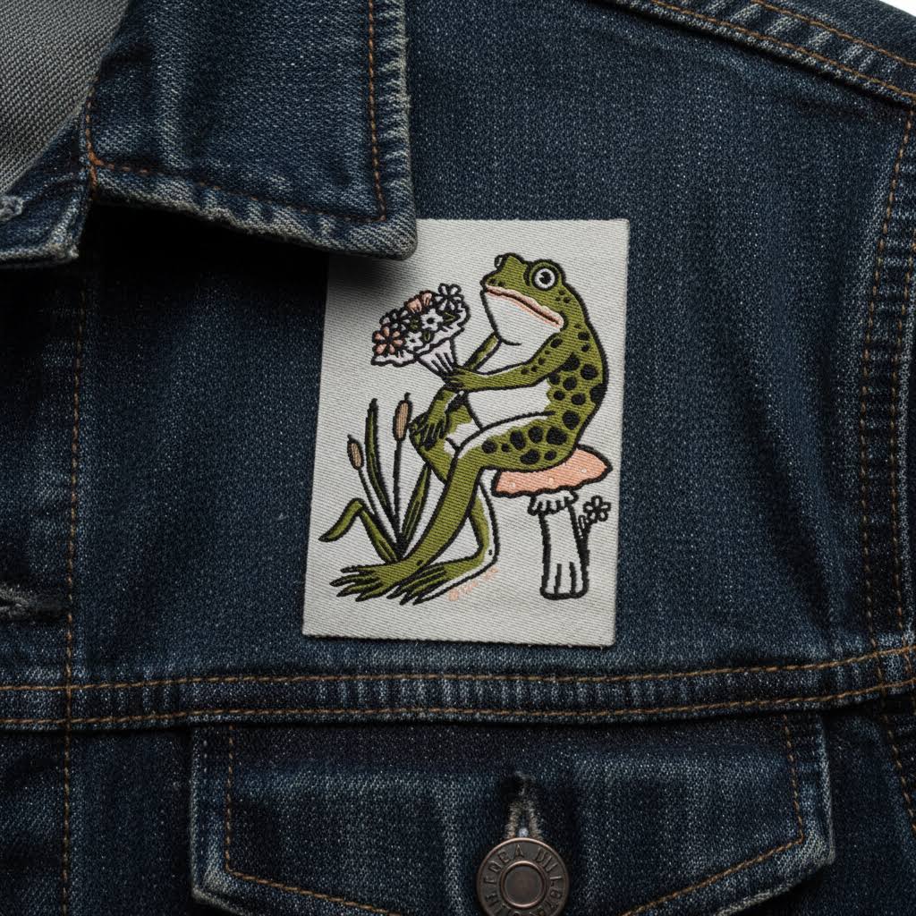 Forager Provisions LTD woven patch featuring a green frog sitting on a mushroom holding a flower bouquet on denim